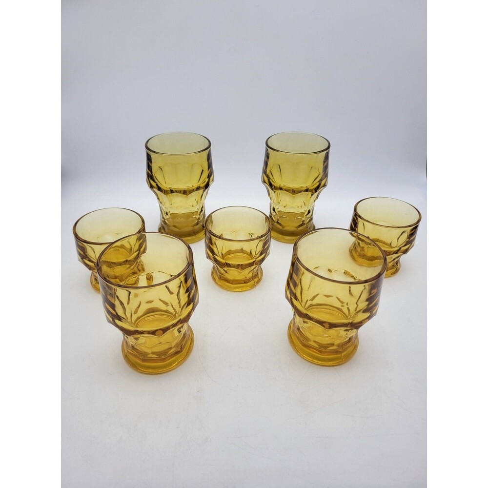 Vintage amber Glasses set of 7 Georgian Viking Honey Comb 3 different sizes PICS